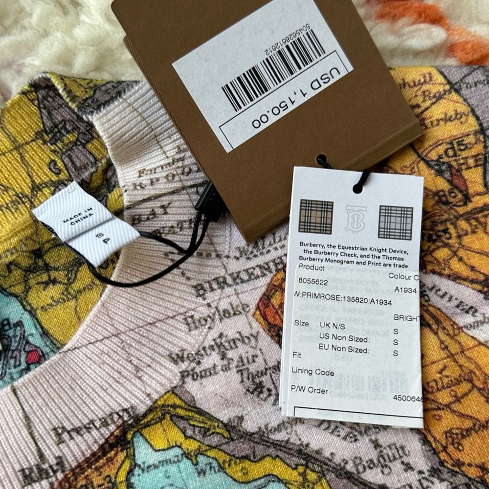 2023 Burberry Primrose Cotton Cashmere Map Print Sweater Cropped NWT - Picture 4 of 10